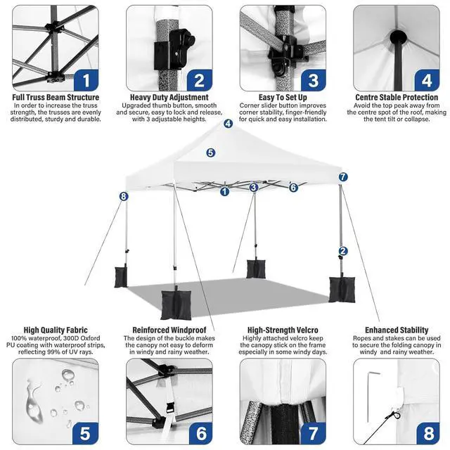 Alt view image 4 of 7 - 10x10 Heavy Duty Pop Up Canopy Tent with 4 Sidewalls Thicken Frame, Commercial Easy Up Outdoor Wedding Party Tents, All Season Waterproof Windproof with Stakes Sandbags Ropes Roller Bag, White