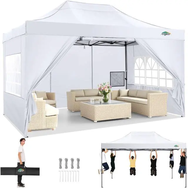 Main image of 10x15 Heavy Duty Pop Up Canopy Tent with 4 Sidewalls Thicken Frame, Commercial Easy Up Outdoor Wedding Party Tents, All Season Waterproof Windproof with Stakes Sandbags Ropes Bag, White