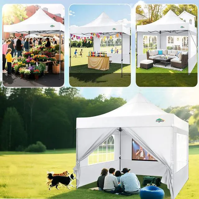 Alt view image 3 of 7 - 10x10 Heavy Duty Pop Up Canopy Tent with 4 Sidewalls Thicken Frame, Commercial Easy Up Outdoor Wedding Party Tents, All Season Waterproof Windproof with Stakes Sandbags Ropes Roller Bag, White