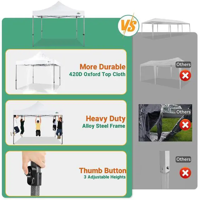 Alt view image 3 of 7 - 10x10 Pop up Canopy Tent Heavy Duty, Easy Set-up Commercial Outdoor Party Tent, 100% Waterproof Wedding Tents Gazebo, 3 Height Adjustable with Wheeled Bag, White