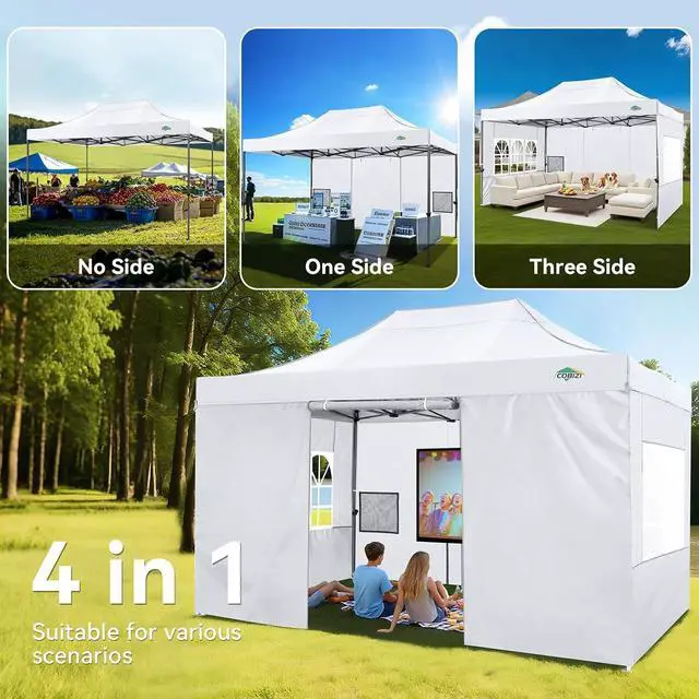 Alt view image 5 of 7 - 10x15 Heavy Duty Pop Up Canopy Tent with 4 Sidewalls Thicken Frame, Commercial Easy Up Outdoor Wedding Party Tents, All Season Waterproof Windproof with Stakes Sandbags Ropes Bag, White