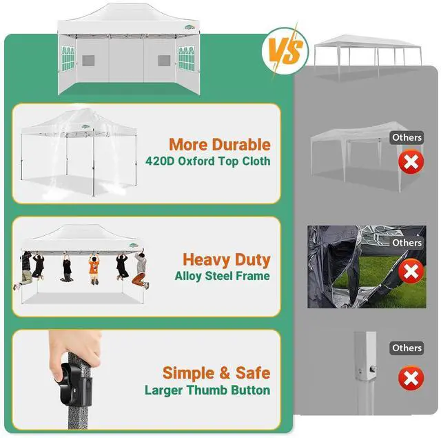 Alt view image 6 of 7 - 10x15 Heavy Duty Pop Up Canopy Tent with 4 Sidewalls Thicken Frame, Commercial Easy Up Outdoor Wedding Party Tents, All Season Waterproof Windproof with Stakes Sandbags Ropes Bag, White