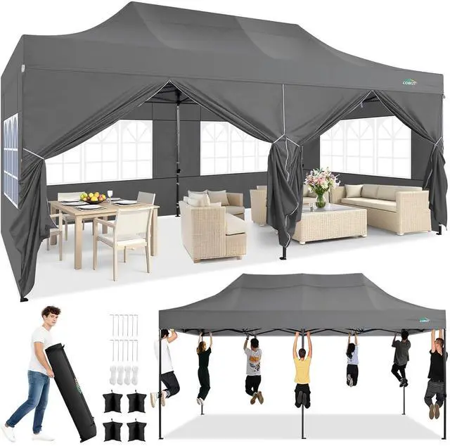 Main image of 10x20 Heavy Duty Pop Up Canopy Tent with 6 Sidewalls Thicken Frame, Commercial Easy Up Outdoor Wedding Party Tents, All Season Waterproof Windproof with Stakes Sandbags Ropes Roller Bag, Gray