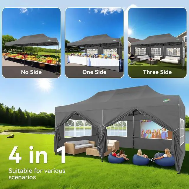 Alt view image 2 of 7 - 10x20 Pop up Canopy Tent Heavy Duty with 6 Sidewalls, Easy Set-up Commercial Outdoor Party Tents, 100% Waterproof Wedding Gazebo, 3 Height Adjustable with Wheeled Bag,Gray