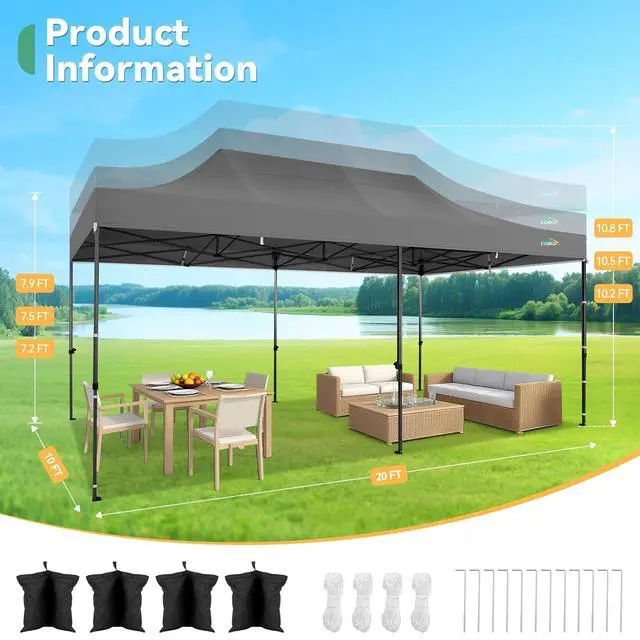 Alt view image 3 of 7 - 10x20 Pop up Canopy Tent Heavy Duty with 6 Sidewalls, Easy Set-up Commercial Outdoor Party Tents, 100% Waterproof Wedding Gazebo, 3 Height Adjustable with Wheeled Bag,Gray