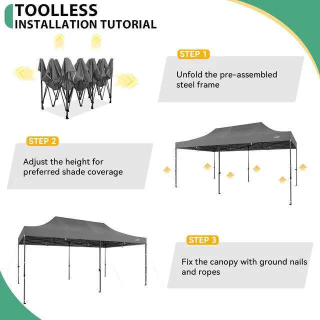 Alt view image 5 of 7 - 10x20 Pop up Canopy Tent Heavy Duty with 6 Sidewalls, Easy Set-up Commercial Outdoor Party Tents, 100% Waterproof Wedding Gazebo, 3 Height Adjustable with Wheeled Bag,Gray