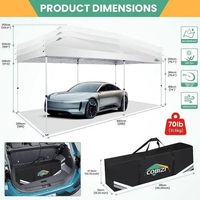 Alt view image 2 of 7 - 10x20 Pop Up Canopy Tent with One Push, 6 Removable Sidewalls