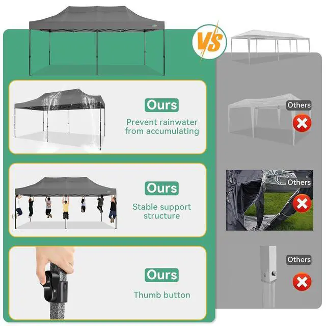 Alt view image 7 of 7 - 10x20 Pop up Canopy Tent Heavy Duty with 6 Sidewalls, Easy Set-up Commercial Outdoor Party Tents, 100% Waterproof Wedding Gazebo, 3 Height Adjustable with Wheeled Bag,Gray