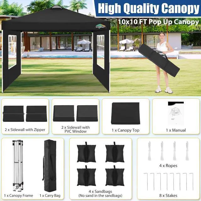 Alt view image 4 of 7 - 10x10 Pop Up Canopy Tent with 4 Removable Sidewalls for Party