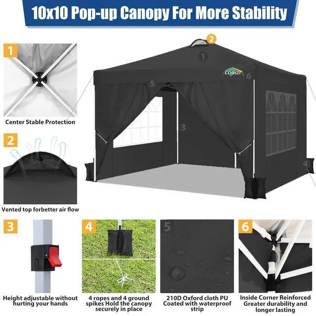 Alt view image 7 of 7 - 10x10 Pop Up Canopy Tent with 4 Removable Sidewalls for Party