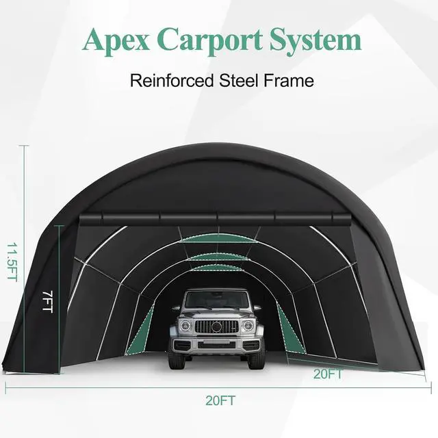 Alt view image 3 of 7 - Carport 20'x20' Heavy Duty Portable Garage, 2.0 Galvanized Frame, Waterproof Shelter with Removable Sidewalls & Windows, Built-in Sandbags, for Car/Boat/SUV, Gray