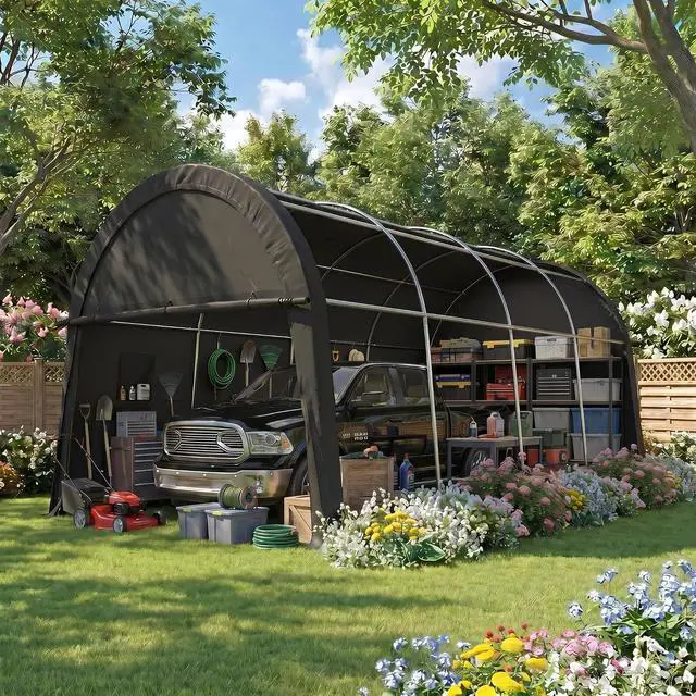 Alt view image 3 of 7 - Carport 12x20 Heavy Duty Storage Shelter Shed Portable Garage with All-Steel Metal Frame & Vents, Round Style Outdoor Storage Shed for Car, Truck, Boat, Waterproof Carport Canopy Anti-Snow