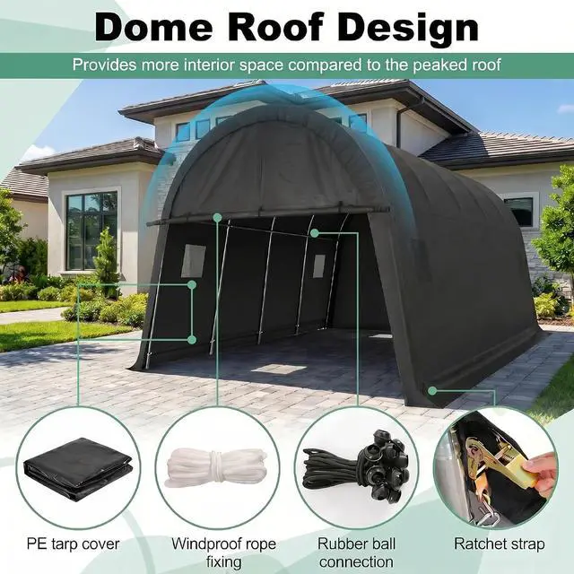 Alt view image 4 of 7 - Carport 12x20 Heavy Duty Storage Shelter Shed Portable Garage with All-Steel Metal Frame & Vents, Round Style Outdoor Storage Shed for Car, Truck, Boat, Waterproof Carport Canopy Anti-Snow