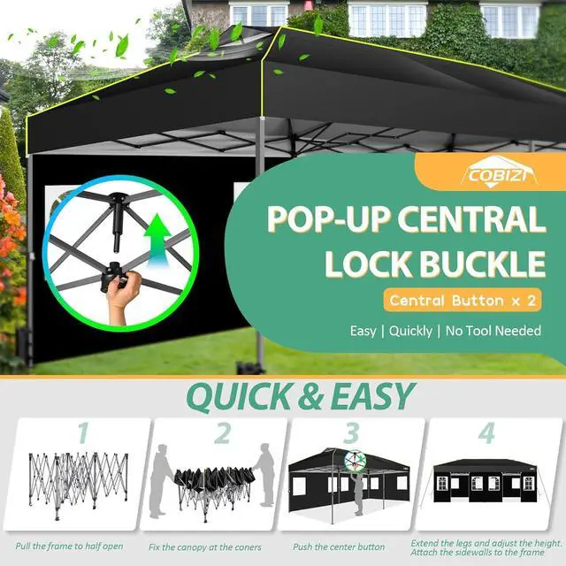 Alt view image 2 of 7 - 10x20 Pop Up Canopy with 6 Sidewalls One Push Setup, Black