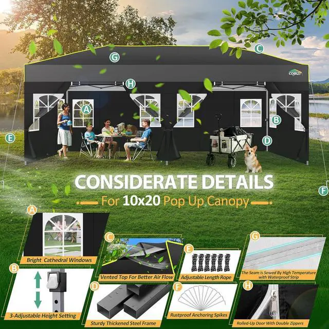 Alt view image 4 of 7 - 10x20 Pop Up Canopy with 6 Sidewalls One Push Setup, Black