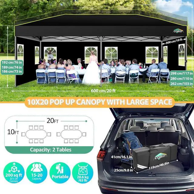 Alt view image 7 of 7 - 10x20 Pop Up Canopy with 6 Sidewalls One Push Setup, Black