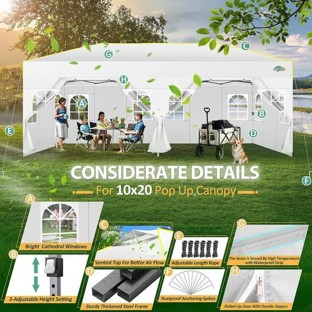 Alt view image 6 of 7 - 10x20 Pop Up Canopy with 6 Sidewalls One Push Setup, White