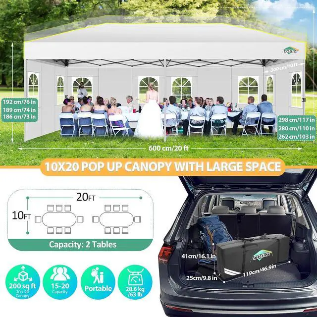 Alt view image 7 of 7 - 10x20 Pop Up Canopy with 6 Sidewalls One Push Setup, White