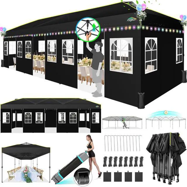 Main image of 10x30 Pop Up Canopy with Sidewalls, One Push Easy Setup, Black