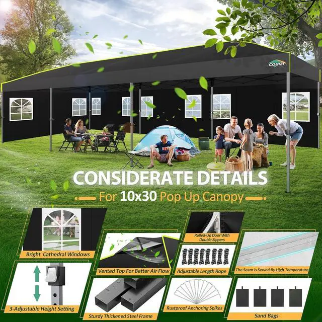 Alt view image 4 of 7 - 10x30 Pop Up Canopy with Sidewalls, One Push Easy Setup, Black