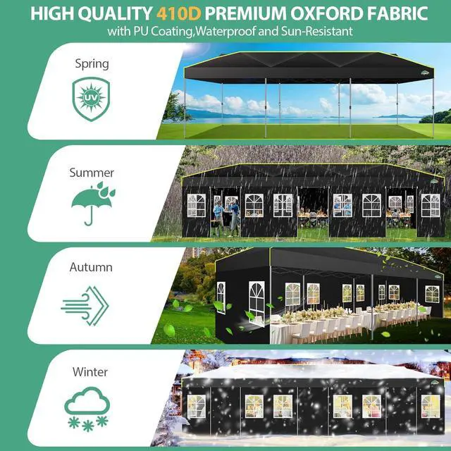 Alt view image 2 of 7 - 10x30 Pop Up Canopy with Sidewalls, One Push Easy Setup, Black