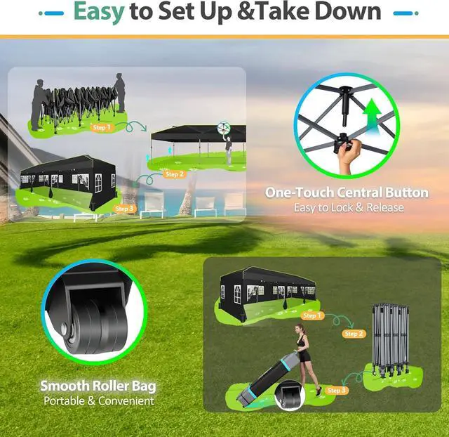 Alt view image 3 of 7 - 10x30 Pop Up Canopy with Sidewalls, One Push Easy Setup, Black