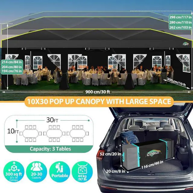 Alt view image 7 of 7 - 10x30 Pop Up Canopy with Sidewalls, One Push Easy Setup, Black
