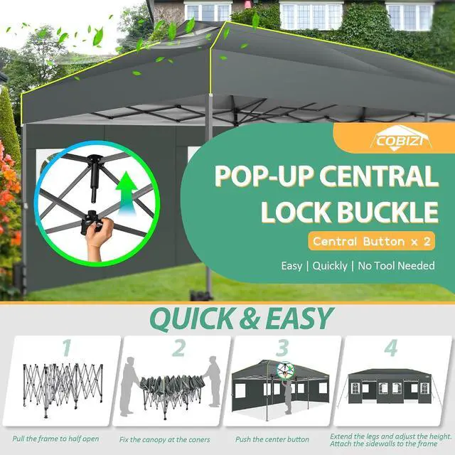 Alt view image 2 of 7 - 10x20 Pop Up Canopy with 6 Sidewalls One Push Setup, Grey