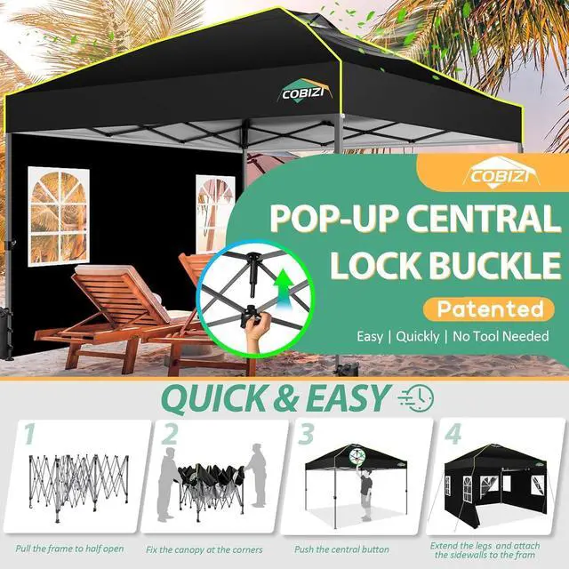Alt view image 2 of 7 - 10x10 Pop up Canopy Tent with Sidewalls, One Push Setup Tent, Black