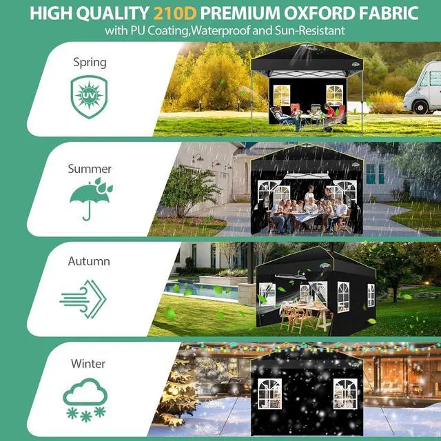 Alt view image 3 of 7 - 10x10 Pop up Canopy Tent with Sidewalls, One Push Setup Tent, Black
