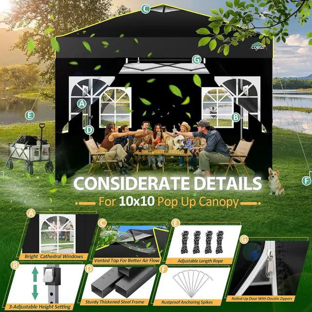 Alt view image 4 of 7 - 10x10 Pop up Canopy Tent with Sidewalls, One Push Setup Tent, Black