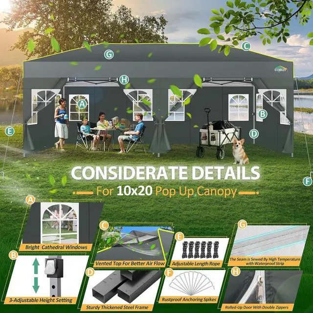 Alt view image 7 of 7 - 10x20 Pop Up Canopy with 6 Sidewalls One Push Setup, Grey