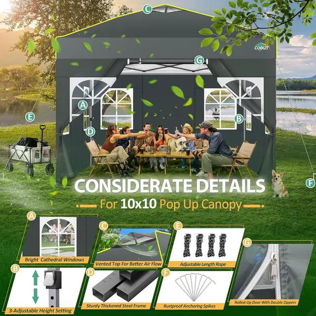 Alt view image 4 of 7 - 10x10 Pop up Canopy Tent with Sidewalls One Person Setup, Grey