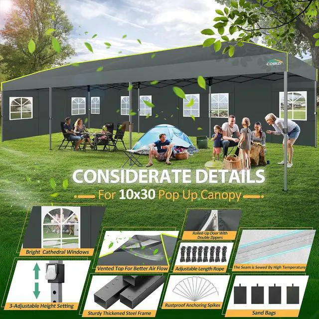 Alt view image 4 of 7 - 10x30 Pop Up Canopy Tent with Sidewalls, One Push Easy Setup, Grey