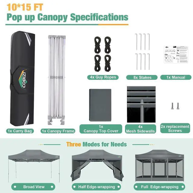 Alt view image 5 of 7 - 10x15 Heavy Duty Pop Up Canopy Tent with Mosquito Netting Sidewalls
