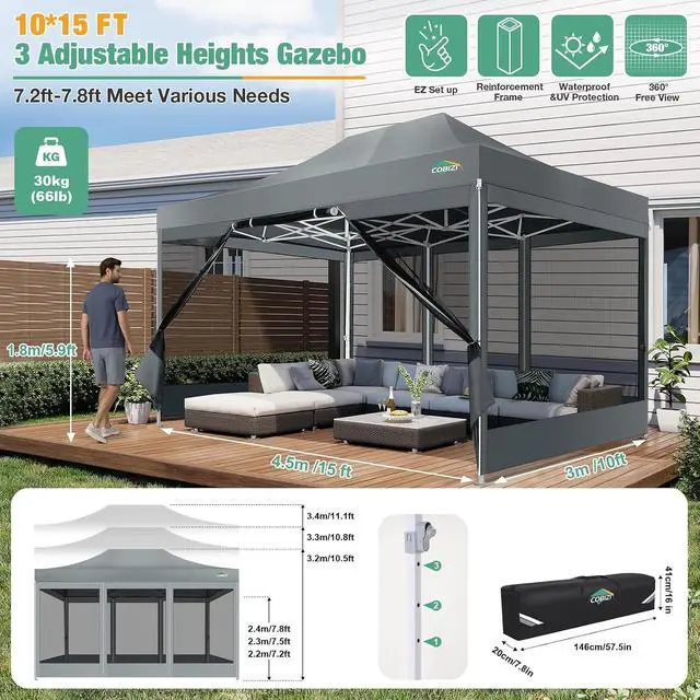 Alt view image 4 of 7 - 10x15 Heavy Duty Pop Up Canopy Tent with Mosquito Netting Sidewalls