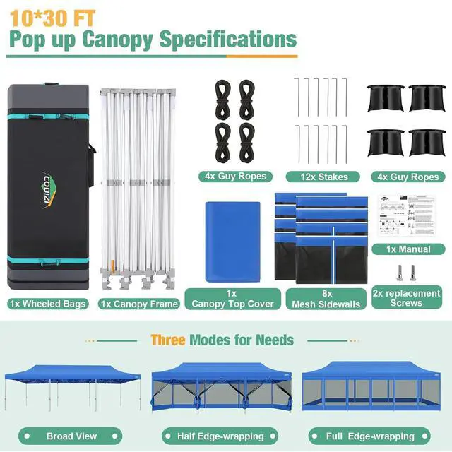 Alt view image 4 of 6 - 10x30 Heavy Duty Pop Up Canopy Tent, Removable Mesh Sidewalls