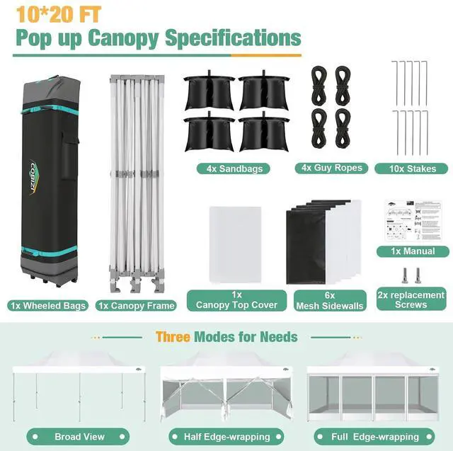 Alt view image 6 of 7 - 10x20 Heavy Duty Pop Up Canopy Tent with Mosquito Netting Sidewalls