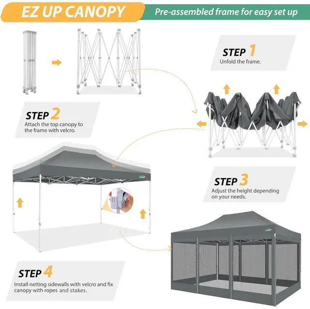 Alt view image 6 of 7 - 10x15 Heavy Duty Pop Up Canopy Tent with 4 Mosquito Netting Walls