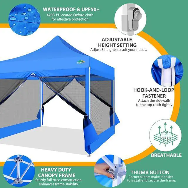 Alt view image 5 of 7 - 10x10 Canopy Tent with 4 Sidewalls,Heavy Duty Pop up Canopy with Mosquito Netting,Easy up Screen Tent for Parties Wedding Outdoor Camping with Handbag,Blue