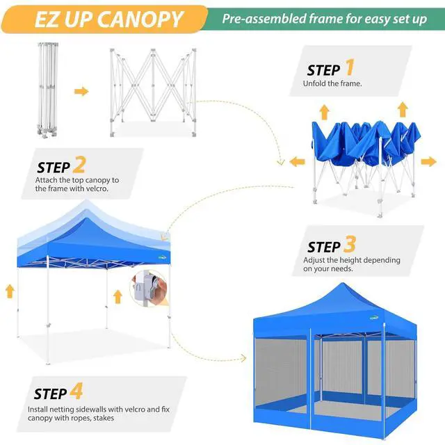 Alt view image 7 of 7 - 10x10 Canopy Tent with 4 Sidewalls,Heavy Duty Pop up Canopy with Mosquito Netting,Easy up Screen Tent for Parties Wedding Outdoor Camping with Handbag,Blue