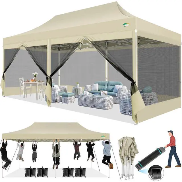 Main image of 10x20 Canopy Tent with 6 Sidewalls,Heavy Duty Pop up Canopy with Mosquito Netting,Easy up Screen Tent for Parties Wedding Outdoor Patio with Roller Bag,Khaki