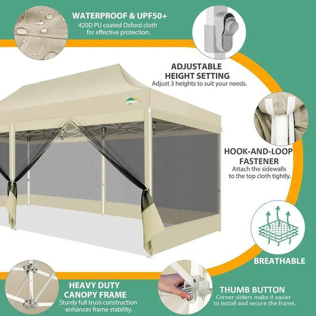 Alt view image 5 of 7 - 10x20 Canopy Tent with 6 Sidewalls,Heavy Duty Pop up Canopy with Mosquito Netting,Easy up Screen Tent for Parties Wedding Outdoor Patio with Roller Bag,Khaki