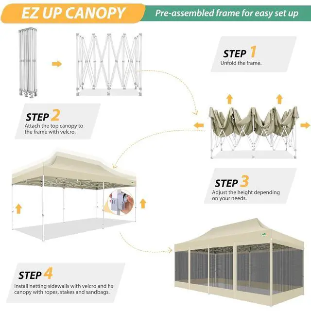 Alt view image 7 of 7 - 10x20 Canopy Tent with 6 Sidewalls,Heavy Duty Pop up Canopy with Mosquito Netting,Easy up Screen Tent for Parties Wedding Outdoor Patio with Roller Bag,Khaki