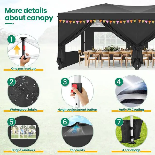 Alt view image 4 of 7 - Canopy 10x20 Pop Up Canopy Tent with 6 Sidewalls, One Push Party Tents for Parties Outdoor Wedding Waterproof Gazebo Commercial Event Tent with Sandbags, Black