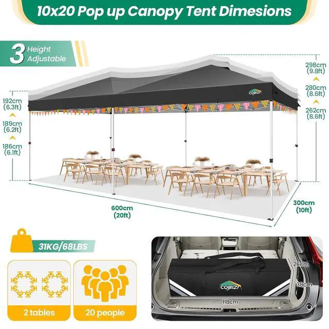 Alt view image 7 of 7 - Canopy 10x20 Pop Up Canopy Tent with 6 Sidewalls, One Push Party Tents for Parties Outdoor Wedding Waterproof Gazebo Commercial Event Tent with Sandbags, Black