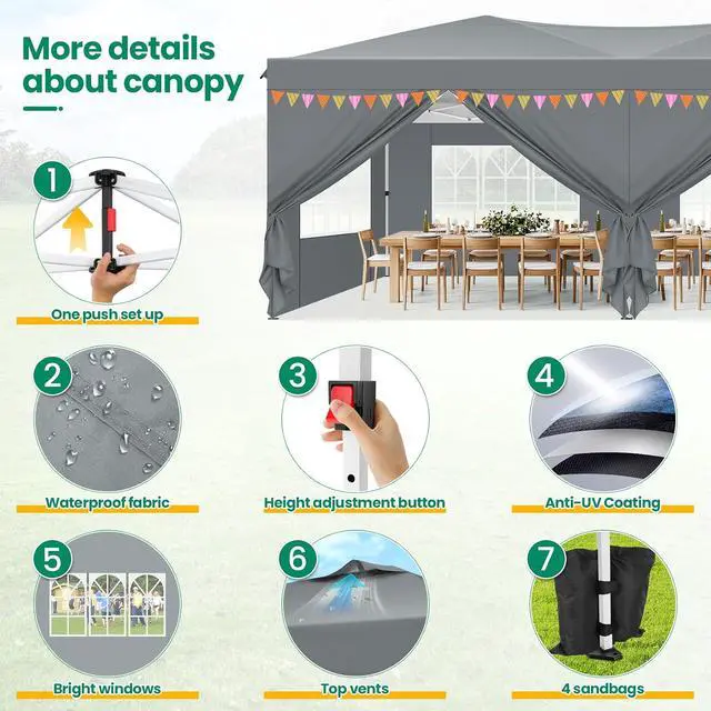 Alt view image 2 of 5 - 10x20 Pop Up Canopy Tents with 6 Sidewalls, One Push Easy Setup Party Tent for Party, Waterproof Gazebo for Outdoor Wedding & Commercial Events, Air Vents, Slate Grey