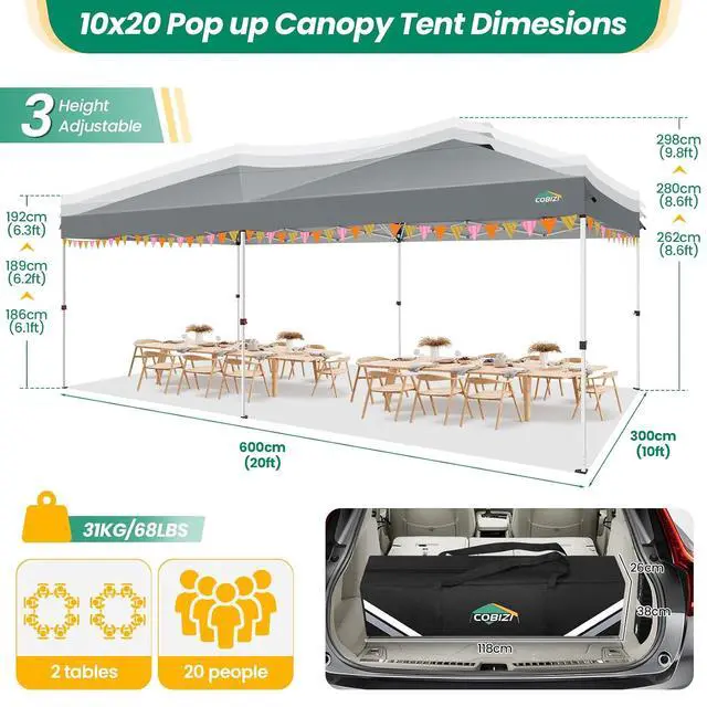 Alt view image 3 of 5 - 10x20 Pop Up Canopy Tents with 6 Sidewalls, One Push Easy Setup Party Tent for Party, Waterproof Gazebo for Outdoor Wedding & Commercial Events, Air Vents, Slate Grey