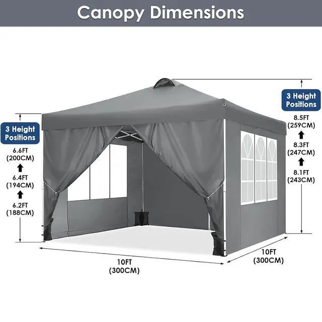 Alt view image 3 of 7 - Canopy 10x10 Pop Up Canopy Tent with 4 Sidewalls, One Push Party Tents for Parties Outdoor Wedding Waterproof Gazebo Commercial Event Tent with Sandbags, Pigeon Grey