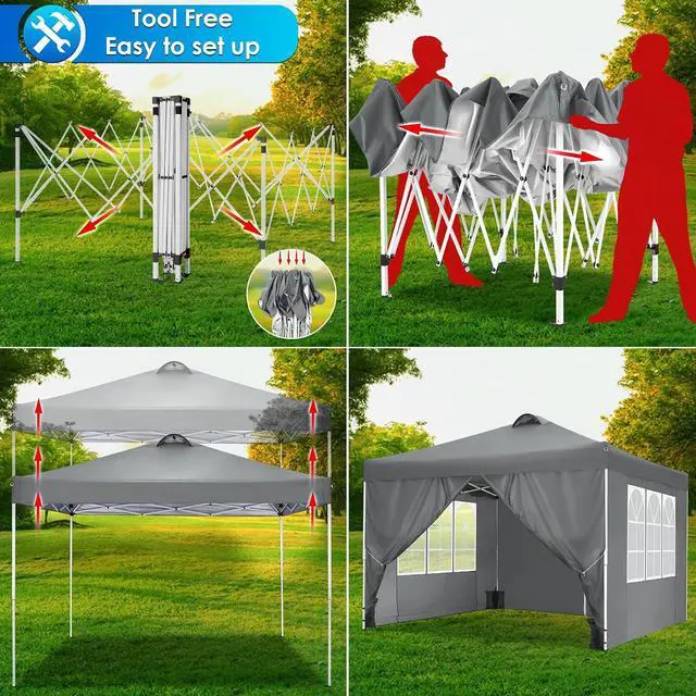 Alt view image 6 of 7 - Canopy 10x10 Pop Up Canopy Tent with 4 Sidewalls, One Push Party Tents for Parties Outdoor Wedding Waterproof Gazebo Commercial Event Tent with Sandbags, Pigeon Grey